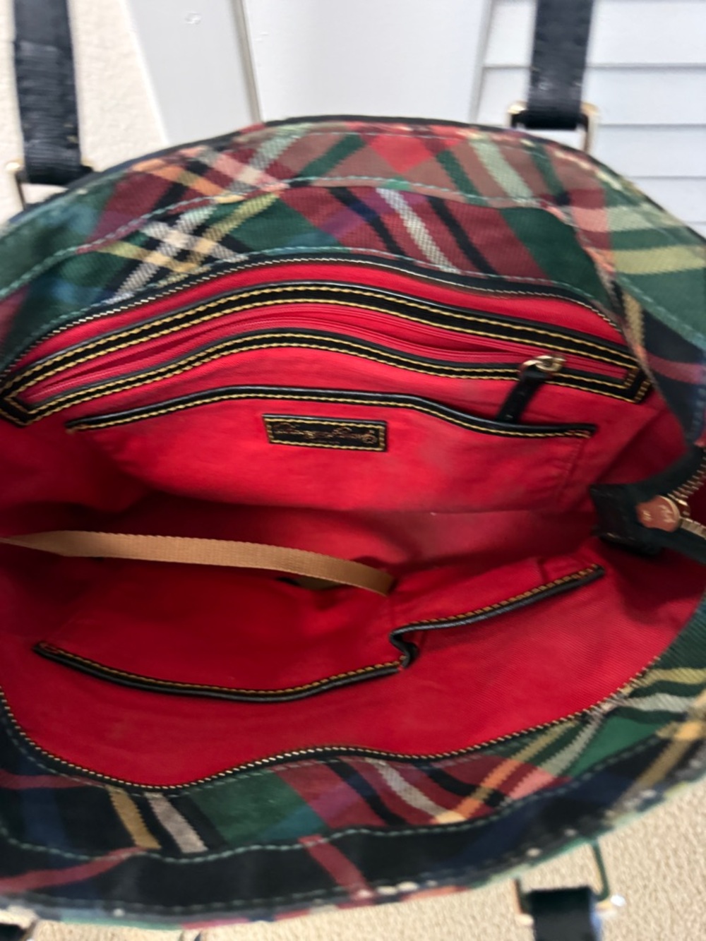 Dooney & Bourke Plaid Tartan Tote Shoulder Bag Navy Green Red Tassel Zip - Picture 6 of 7